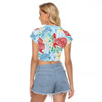 Palaka with Honu and Plumeria Raglan Cropped T Shirt Hawaiian Heritage Spirit - Polynesian Pride