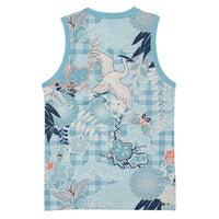 Blue Palaka Crane and Flowers Basketball Jersey Japan Heritage Spirit - Polynesian Pride