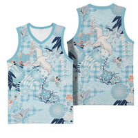 Blue Palaka Crane and Flowers Basketball Jersey Japan Heritage Spirit - Polynesian Pride
