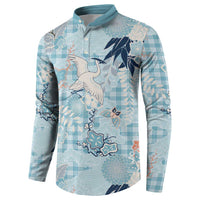 Blue Palaka Crane and Flowers Button Sweatshirt Japan Heritage Spirit - Polynesian Pride