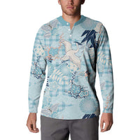Blue Palaka Crane and Flowers Button Sweatshirt Japan Heritage Spirit - Polynesian Pride