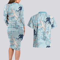 Blue Palaka Crane and Flowers Couples Matching Long Sleeve Bodycon Dress and Hawaiian Shirt Japan Heritage Spirit - Polynesian Pride