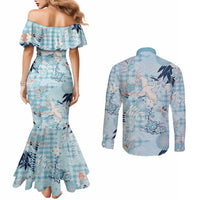 Blue Palaka Crane and Flowers Couples Matching Mermaid Dress and Long Sleeve Button Shirt Japan Heritage Spirit - Polynesian Pride