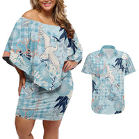Blue Palaka Crane and Flowers Couples Matching Off Shoulder Short Dress and Hawaiian Shirt Japan Heritage Spirit - Polynesian Pride