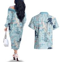 Blue Palaka Crane and Flowers Couples Matching Off The Shoulder Long Sleeve Dress and Hawaiian Shirt Japan Heritage Spirit - Polynesian Pride