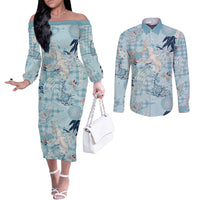 Blue Palaka Crane and Flowers Couples Matching Off The Shoulder Long Sleeve Dress and Long Sleeve Button Shirt Japan Heritage Spirit - Polynesian Pride