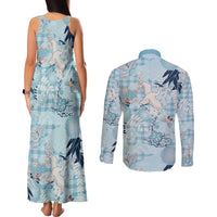 Blue Palaka Crane and Flowers Couples Matching Tank Maxi Dress and Long Sleeve Button Shirt Japan Heritage Spirit - Polynesian Pride