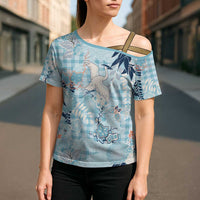 Blue Palaka Crane and Flowers Cross Shoulder Shirt Japan Heritage Spirit - Polynesian Pride