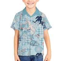 Blue Palaka Crane and Flowers Family Matching Off The Shoulder Long Sleeve Dress and Hawaiian Shirt Japan Heritage Spirit - Polynesian Pride