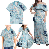 Blue Palaka Crane and Flowers Family Matching Off Shoulder Maxi Dress and Hawaiian Shirt Japan Heritage Spirit - Polynesian Pride