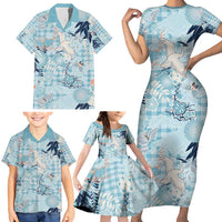 Blue Palaka Crane and Flowers Family Matching Short Sleeve Bodycon Dress and Hawaiian Shirt Japan Heritage Spirit - Polynesian Pride