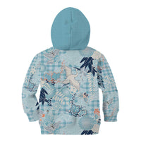 Blue Palaka Crane and Flowers Kid Hoodie Japan Heritage Spirit - Polynesian Pride