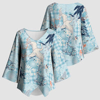 Blue Palaka Crane and Flowers Kimono Sleeve Blouse Japan Heritage Spirit - Polynesian Pride