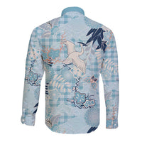 Blue Palaka Crane and Flowers Long Sleeve Button Shirt Japan Heritage Spirit - Polynesian Pride