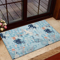 Blue Palaka Crane and Flowers Rubber Doormat Japan Heritage Spirit - Polynesian Pride