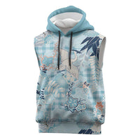 Blue Palaka Crane and Flowers Sleeveless Hoodie Japan Heritage Spirit - Polynesian Pride