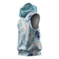 Blue Palaka Crane and Flowers Sleeveless Hoodie Japan Heritage Spirit - Polynesian Pride