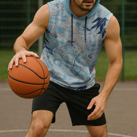 Blue Palaka Crane and Flowers Sleeveless Hoodie Japan Heritage Spirit - Polynesian Pride