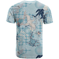 Blue Palaka Crane and Flowers T Shirt Japan Heritage Spirit - Polynesian Pride