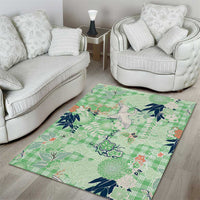 Green Palaka Crane and Flowers Area Rug Japan Heritage Spirit - Polynesian Pride