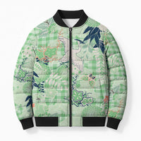 Green Palaka Crane and Flowers Bomber Puffer Jacket Japan Heritage Spirit - Polynesian Pride