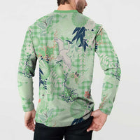 Green Palaka Crane and Flowers Button Sweatshirt Japan Heritage Spirit - Polynesian Pride