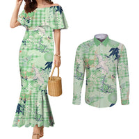 Green Palaka Crane and Flowers Couples Matching Mermaid Dress and Long Sleeve Button Shirt Japan Heritage Spirit - Polynesian Pride