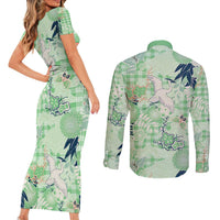 Green Palaka Crane and Flowers Couples Matching Short Sleeve Bodycon Dress and Long Sleeve Button Shirt Japan Heritage Spirit - Polynesian Pride