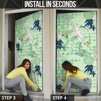 Green Palaka Crane and Flowers Door Cover Japan Heritage Spirit - Polynesian Pride