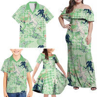 Green Palaka Crane and Flowers Family Matching Off Shoulder Maxi Dress and Hawaiian Shirt Japan Heritage Spirit - Polynesian Pride