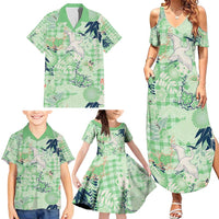Green Palaka Crane and Flowers Family Matching Summer Maxi Dress and Hawaiian Shirt Japan Heritage Spirit - Polynesian Pride