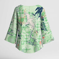 Green Palaka Crane and Flowers Kimono Sleeve Blouse Japan Heritage Spirit - Polynesian Pride