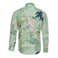 Green Palaka Crane and Flowers Long Sleeve Button Shirt Japan Heritage Spirit - Polynesian Pride