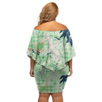 Green Palaka Crane and Flowers Off Shoulder Short Dress Japan Heritage Spirit - Polynesian Pride