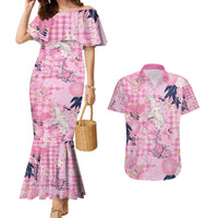 Pink Palaka Crane and Flowers Couples Matching Mermaid Dress and Hawaiian Shirt Japan Heritage Spirit - Polynesian Pride