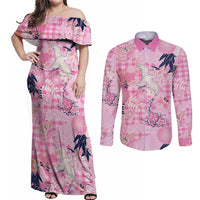 Pink Palaka Crane and Flowers Couples Matching Off Shoulder Maxi Dress and Long Sleeve Button Shirt Japan Heritage Spirit - Polynesian Pride