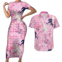 Pink Palaka Crane and Flowers Couples Matching Short Sleeve Bodycon Dress and Hawaiian Shirt Japan Heritage Spirit - Polynesian Pride