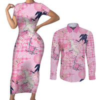 Pink Palaka Crane and Flowers Couples Matching Short Sleeve Bodycon Dress and Long Sleeve Button Shirt Japan Heritage Spirit - Polynesian Pride