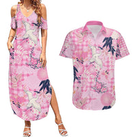 Pink Palaka Crane and Flowers Couples Matching Summer Maxi Dress and Hawaiian Shirt Japan Heritage Spirit - Polynesian Pride