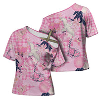 Pink Palaka Crane and Flowers Cross Shoulder Shirt Japan Heritage Spirit - Polynesian Pride