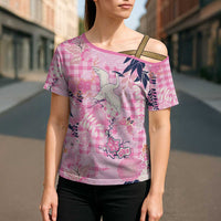 Pink Palaka Crane and Flowers Cross Shoulder Shirt Japan Heritage Spirit - Polynesian Pride