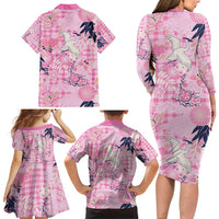 Pink Palaka Crane and Flowers Family Matching Long Sleeve Bodycon Dress and Hawaiian Shirt Japan Heritage Spirit LT9 - Polynesian Pride