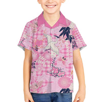 Pink Palaka Crane and Flowers Family Matching Off The Shoulder Long Sleeve Dress and Hawaiian Shirt Japan Heritage Spirit - Polynesian Pride