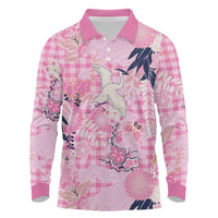 Pink Palaka Crane and Flowers Long Sleeve Polo Shirt Japan Heritage Spirit - Polynesian Pride