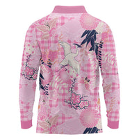 Pink Palaka Crane and Flowers Long Sleeve Polo Shirt Japan Heritage Spirit - Polynesian Pride