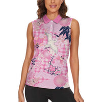 Pink Palaka Crane and Flowers Women Sleeveless Polo Shirt Japan Heritage Spirit - Polynesian Pride