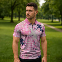 Pink Palaka Crane and Flowers Zipper Polo Shirt Japan Heritage Spirit - Polynesian Pride