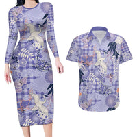 Purple Palaka Crane and Flowers Couples Matching Long Sleeve Bodycon Dress and Hawaiian Shirt Japan Heritage Spirit - Polynesian Pride
