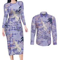 Purple Palaka Crane and Flowers Couples Matching Long Sleeve Bodycon Dress and Long Sleeve Button Shirt Japan Heritage Spirit - Polynesian Pride
