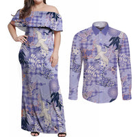 Purple Palaka Crane and Flowers Couples Matching Off Shoulder Maxi Dress and Long Sleeve Button Shirt Japan Heritage Spirit - Polynesian Pride